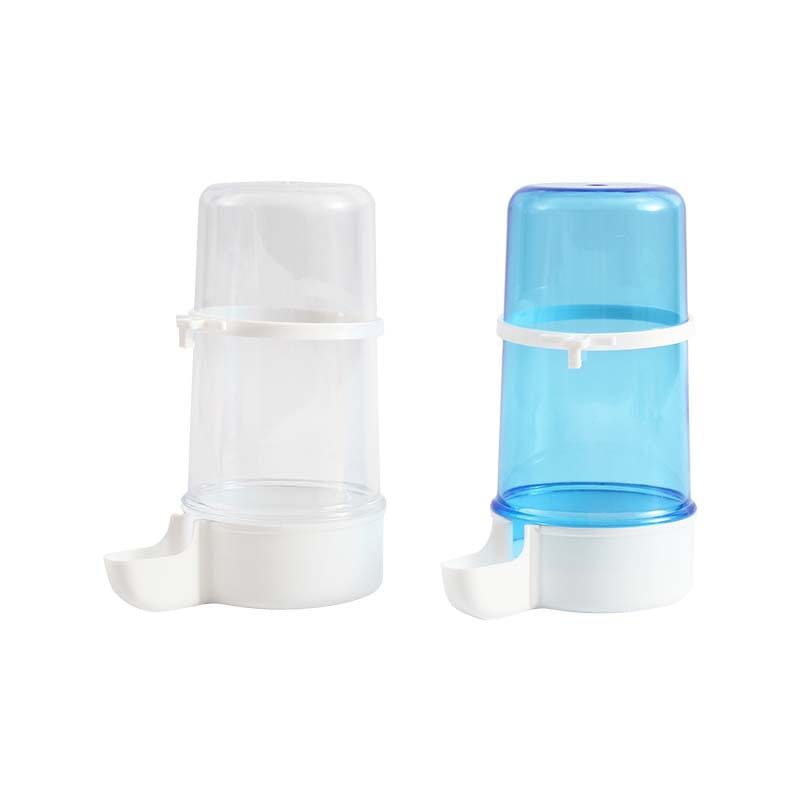 Distributeurs d’eau pour oiseau en plastique transparents et bleus, avec des bases et des becs blancs en PP, pour grandes cages, mesurant 15 cm.