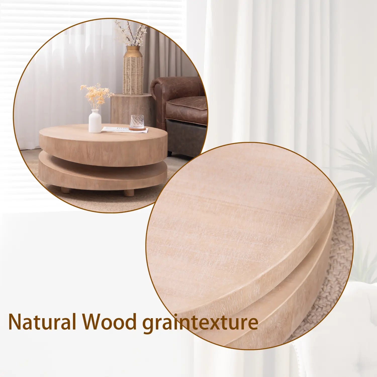 Mesa de centro redonda de madera de 31 pulgadas, acento natural en dos niveles, con madera de color claro y textura de veta de madera natural.