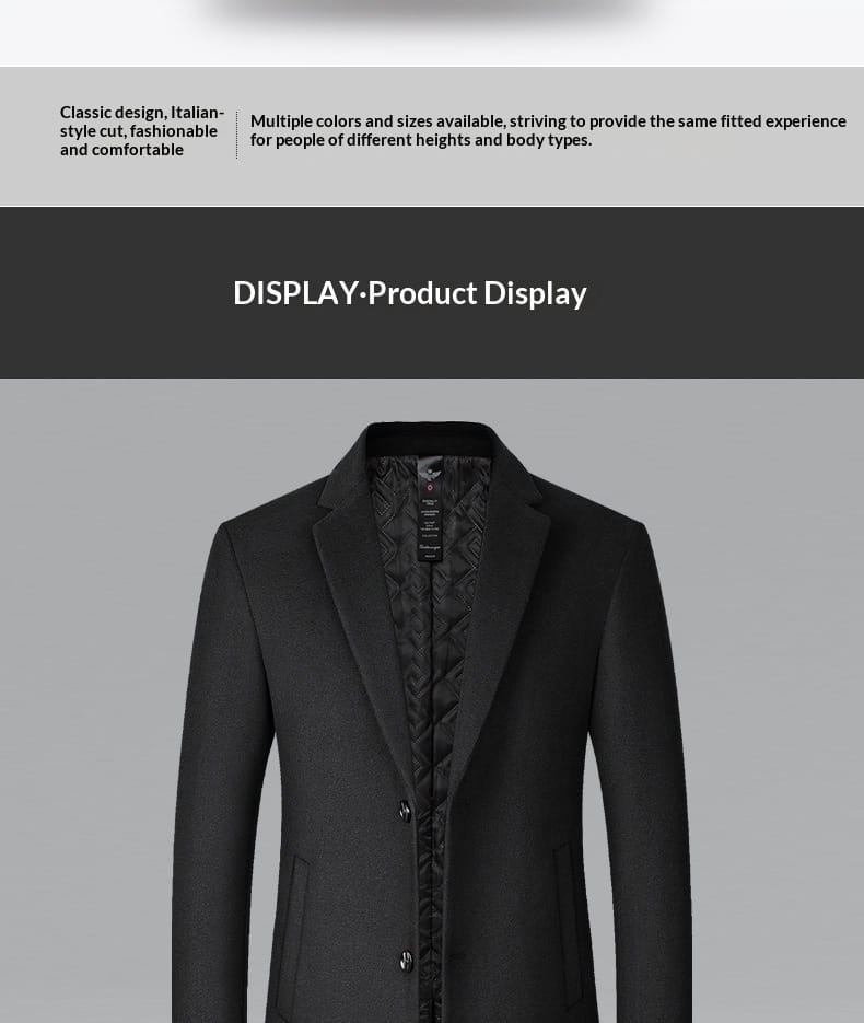 Black mens wool overcoat in a tailored classic Italian-style cut with a subtle textured lining designed as a warm winter jacket.