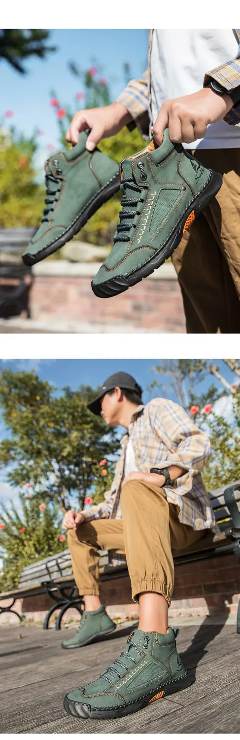 Handgefertigte dunkelolivgrüne PU-Leder-Wander-Schnürstiefeletten mit verstärkten Nähten und robusten Sohlen für besondere Langlebigkeit.