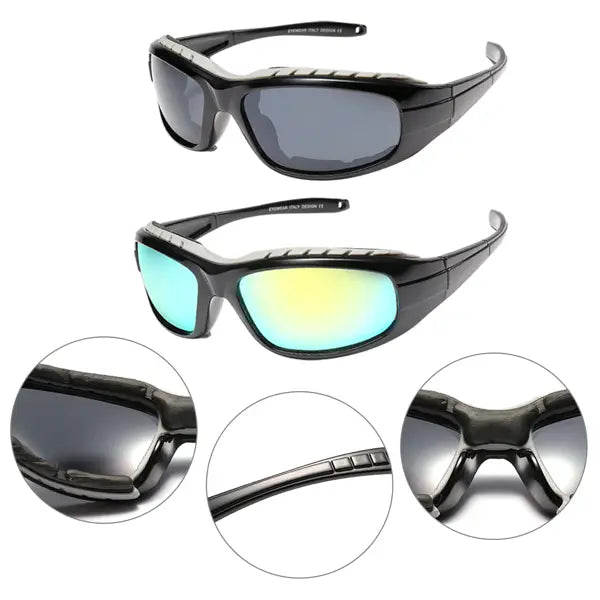Two pair polarized windproof sport riding sunglasses with black rugged frames and gradient lenses featuring dark gray tinted glass and vibrant iridescent blue-to-yellow reflective coating.