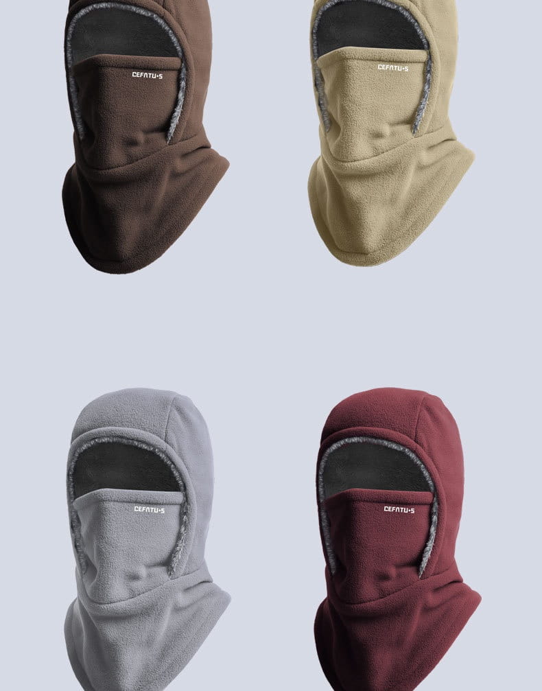 brown beige gray and maroon fleece hooded balaclavas with a soft inner lining designed as winter thermal hats for warmth and comfort