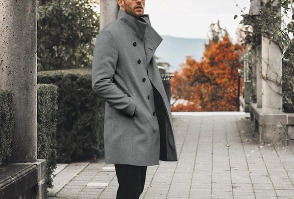 Men tweed trench coat casual jacket featuring a sleek charcoal-gray wool overcoat with a notched collar and double-breasted button closure.