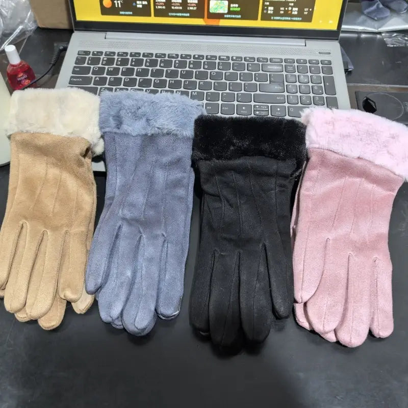 four pairs of women’s thermal suede touchscreen gloves in beige blue black and pink with faux fur cuffs displayed from the back side