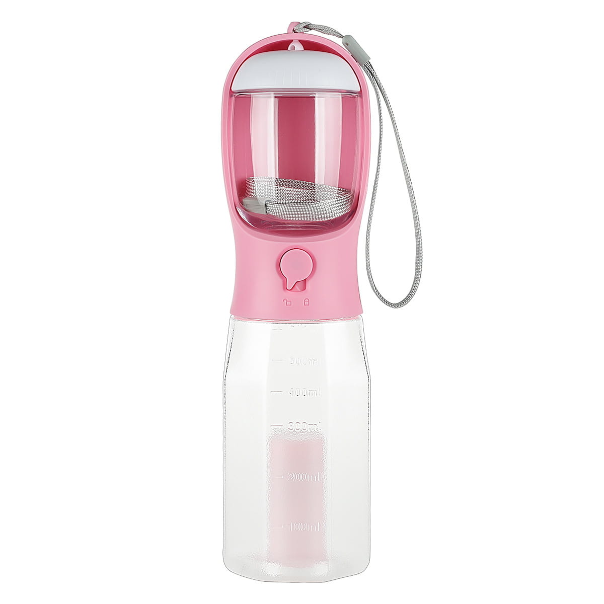 Gourde pour chien 3 en 1 avec distributeur portable et sac à crottes, avec un corps rose et transparent, des repères de mesure et un filtre en maille argenté.