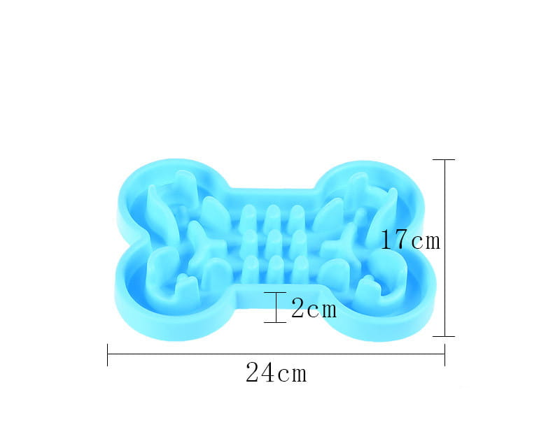 Bol pour chien à alimentation lente en silicone bleu clair en forme d’os, avec plusieurs compartiments, conçu comme un puzzle pour favoriser une alimentation plus lente.