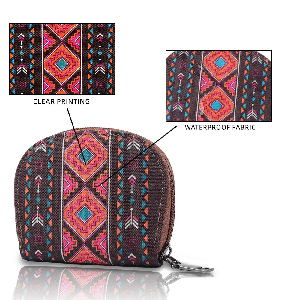 A compact dark brown waterproof fabric woven geometric card wallet and portable coin purse featuring a vibrant pattern with pink orange and teal accents.