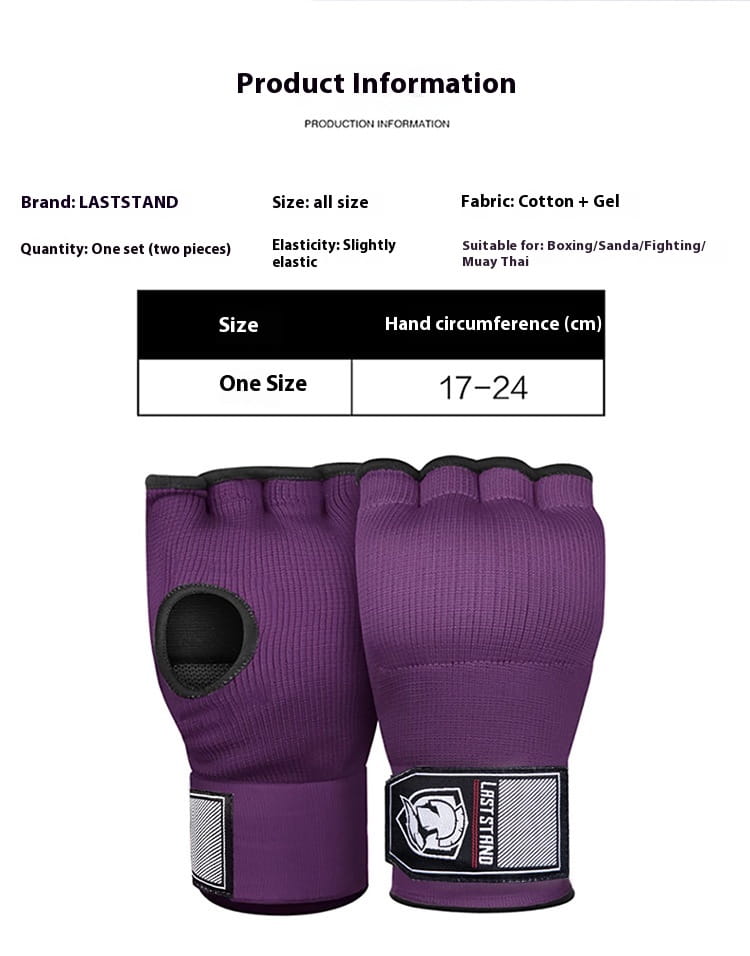 Purple Laststand gel boxing hand wrap gloves made of cotton and gel with a black wrist strap featuring the brand logo.