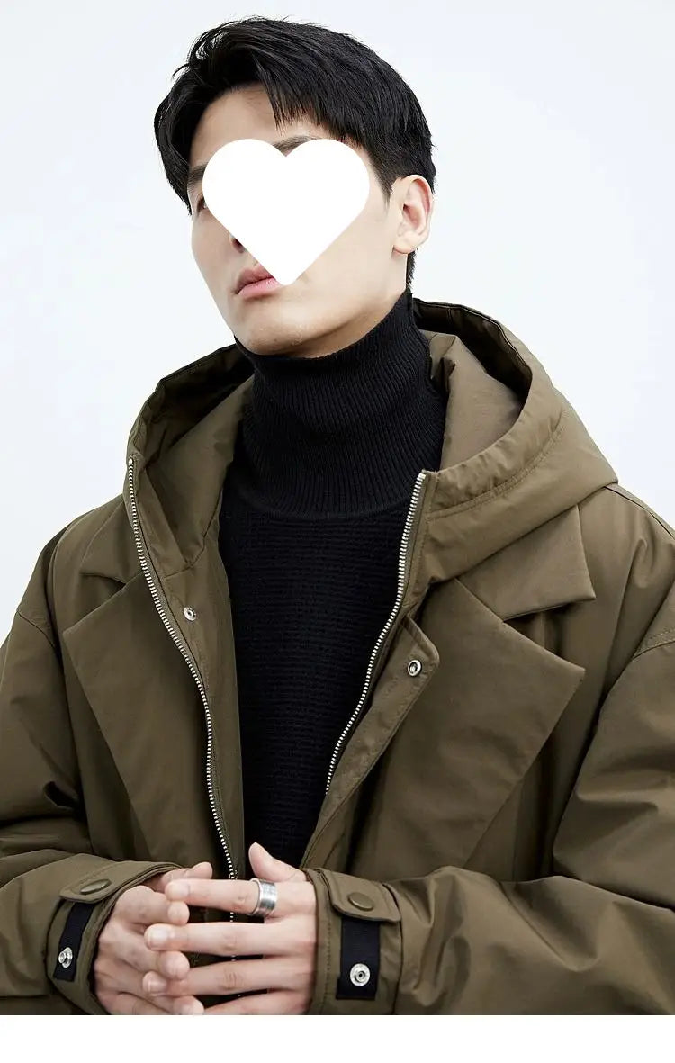 Men hooded trench coat false two piece winter jacket in olive green with black zipper and button details.