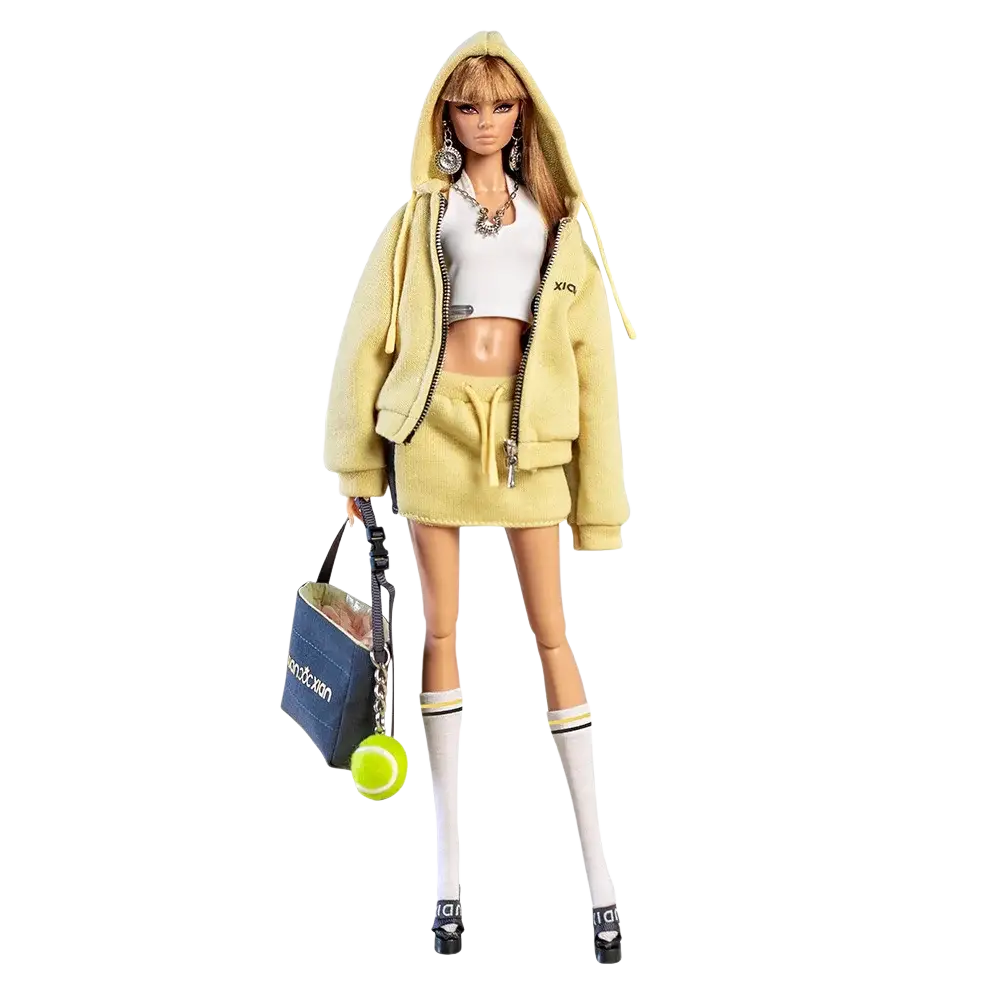 30cm doll sportswear outfit set featuring a yellow hooded sweatshirt and skirt with accessories and navy tote bag