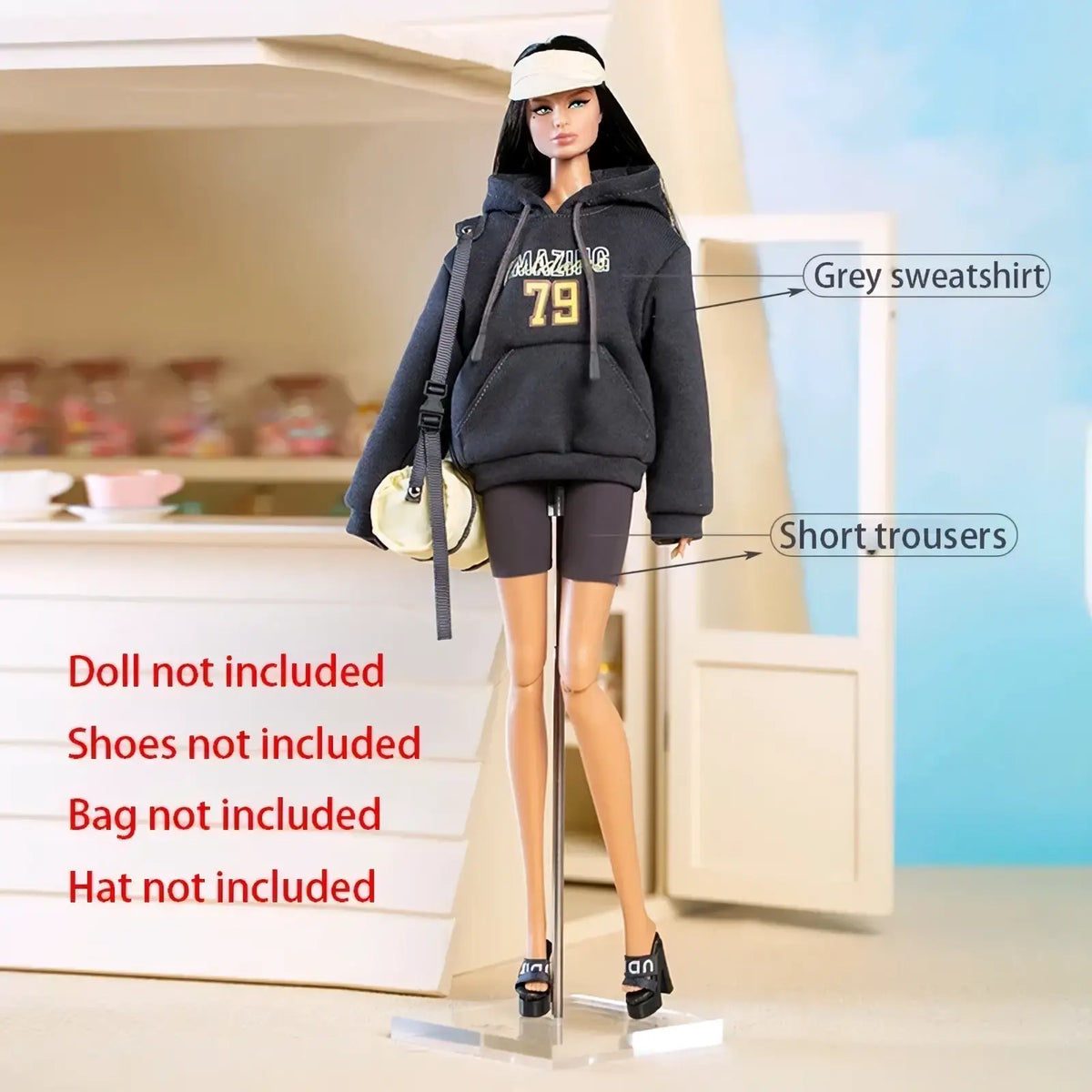 30cm doll sportswear outfit set featuring a black hoodie withmazing 79 print and matching black short trousers
