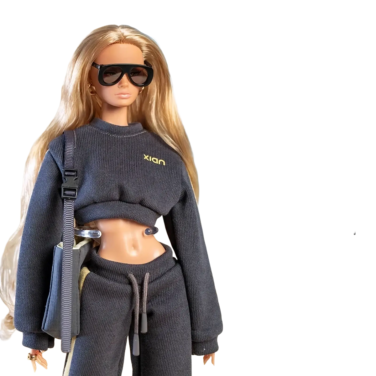 Black oversized sunglasses with dark lenses and sleek modern design included in 30cm doll sportswear outfit set