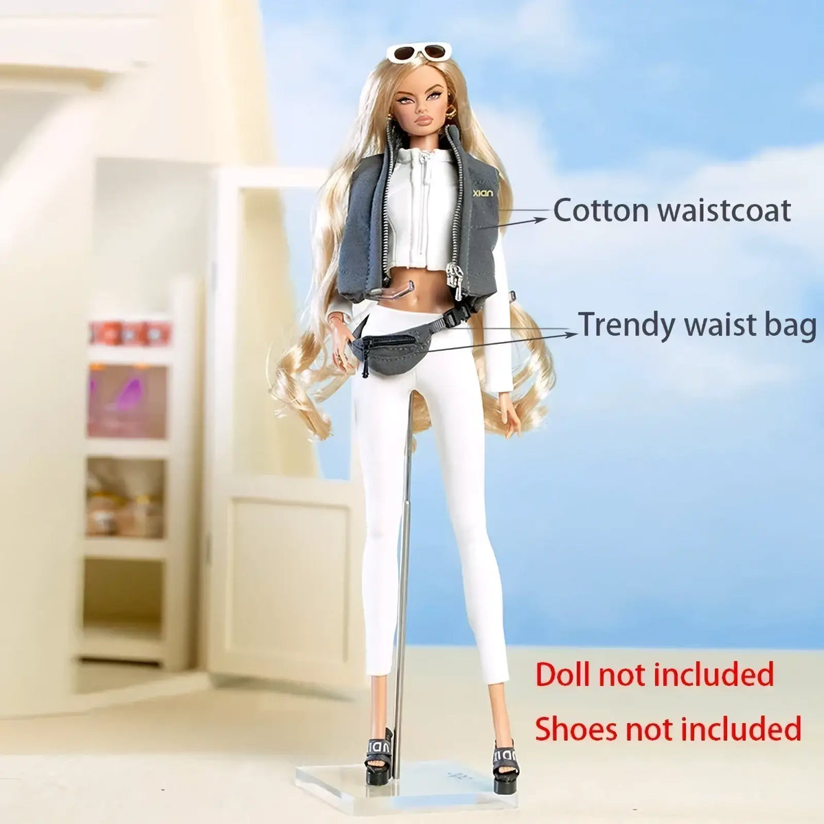 30cm doll sportswear outfit set featuring a blonde doll in gray cotton waistcoat white crop top leggings and black waist bag