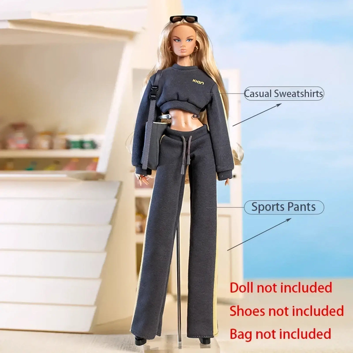 Dark gray cotton 30cm doll sportswear set with cropped sweatshirt and drawstring waist matching pants for active play