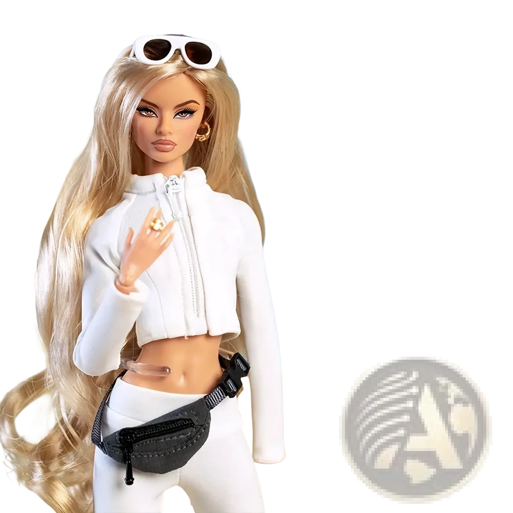 Gold-tone cross-patterned stud earrings and matching ring with clear gemstone in 30cm doll sportswear outfit set