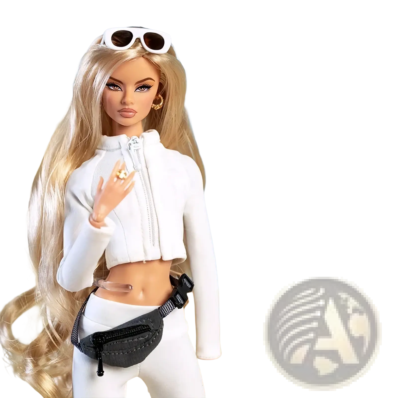 Gold-tone cross-patterned stud earrings and matching ring with clear gemstone in 30cm doll sportswear outfit set