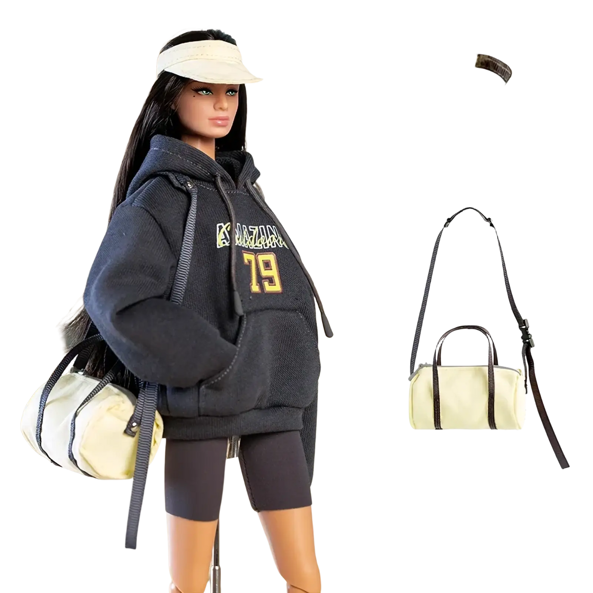 Light green canvas shoulder bag with black leather trim and handles featured in 30cm doll sportswear outfit set