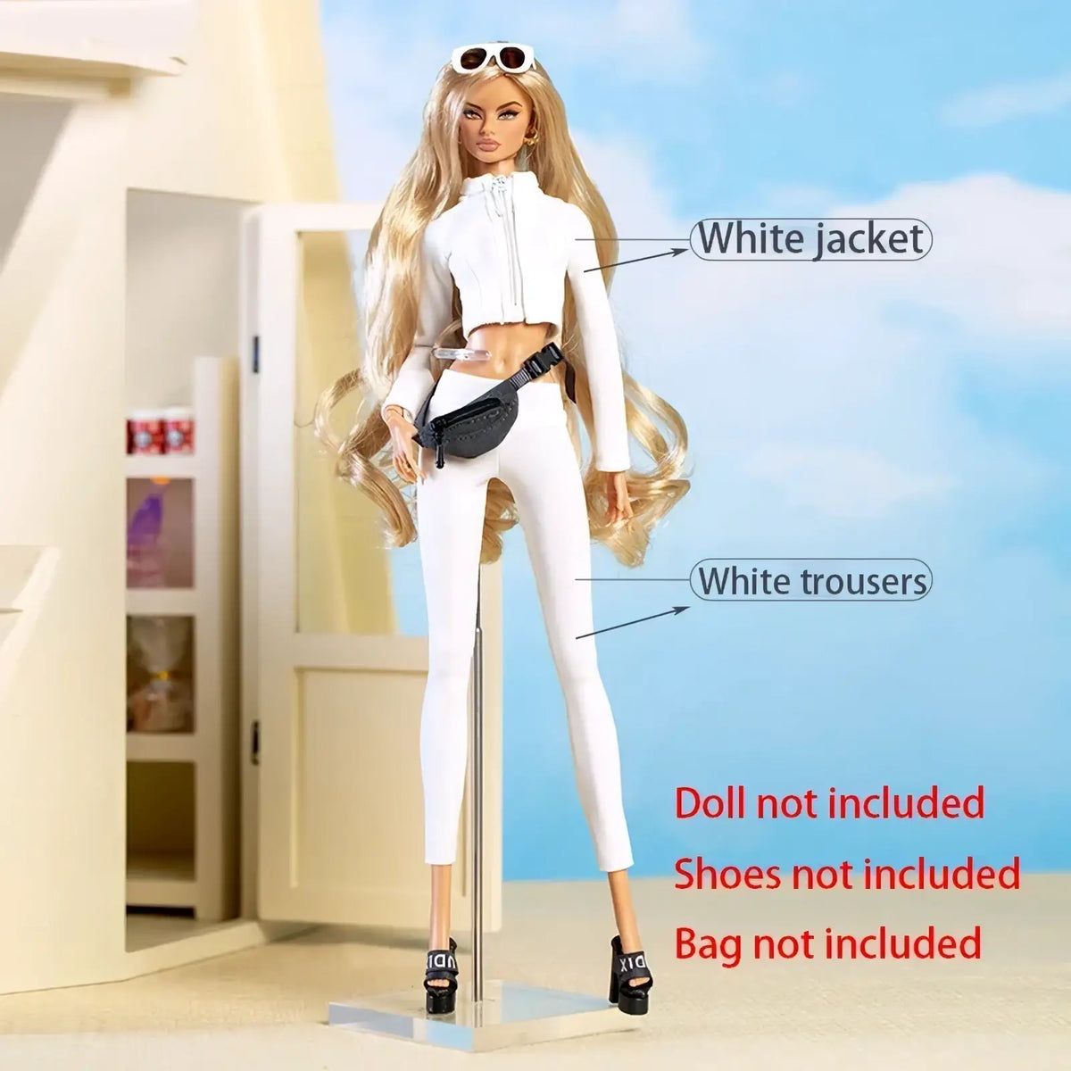 White cropped jacket with zipper front and long sleeves paired with matching white trousers in 30cm doll sportswear set
