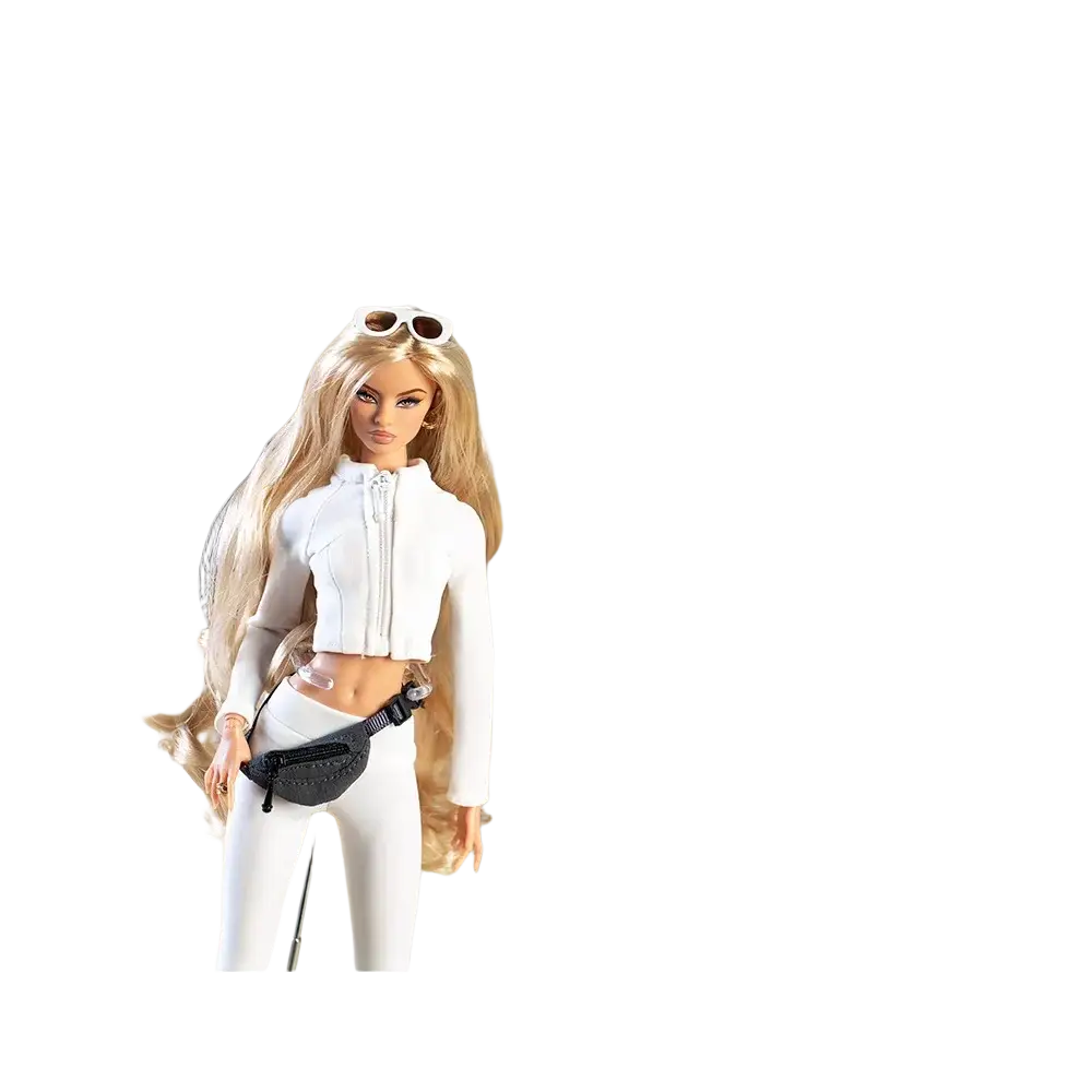 White zip-up crop top with long sleeves and high neckline paired with matching leggings in 30cm doll sportswear set