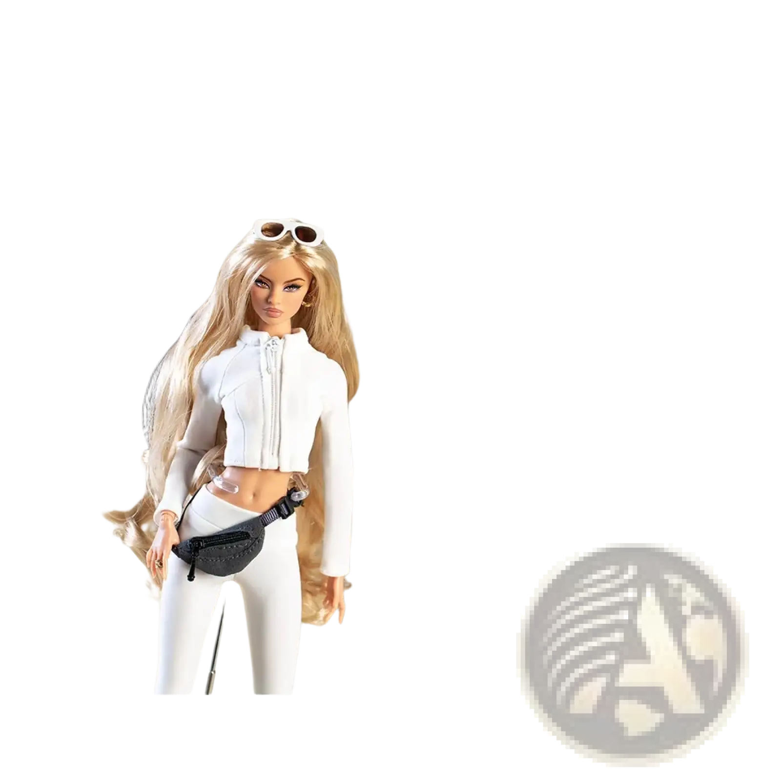 White zip-up crop top with long sleeves and high neckline paired with matching leggings in 30cm doll sportswear set
