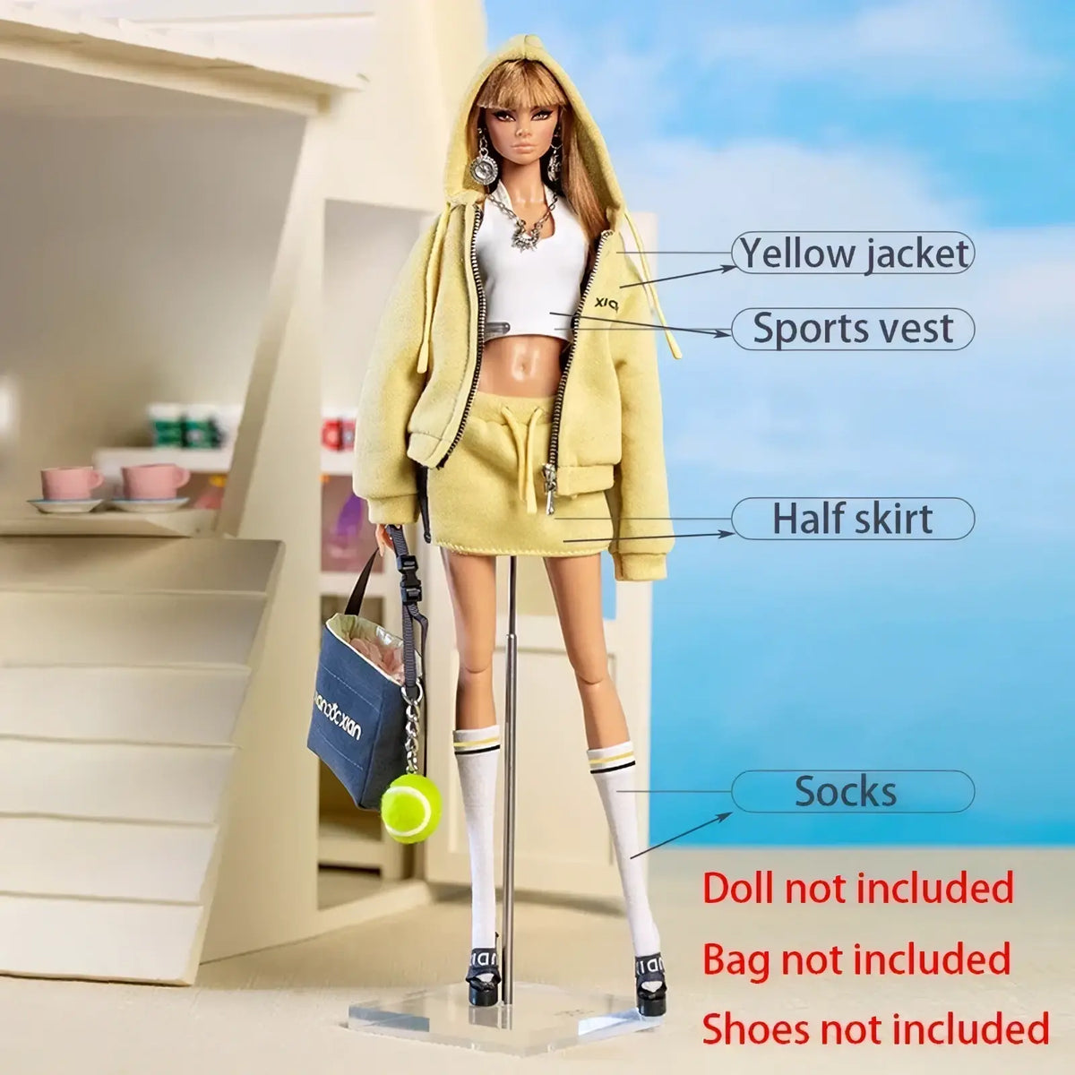 Yellow hooded jacket with zipper front and drawstring waist paired with matching half skirt in 30cm doll sportswear set