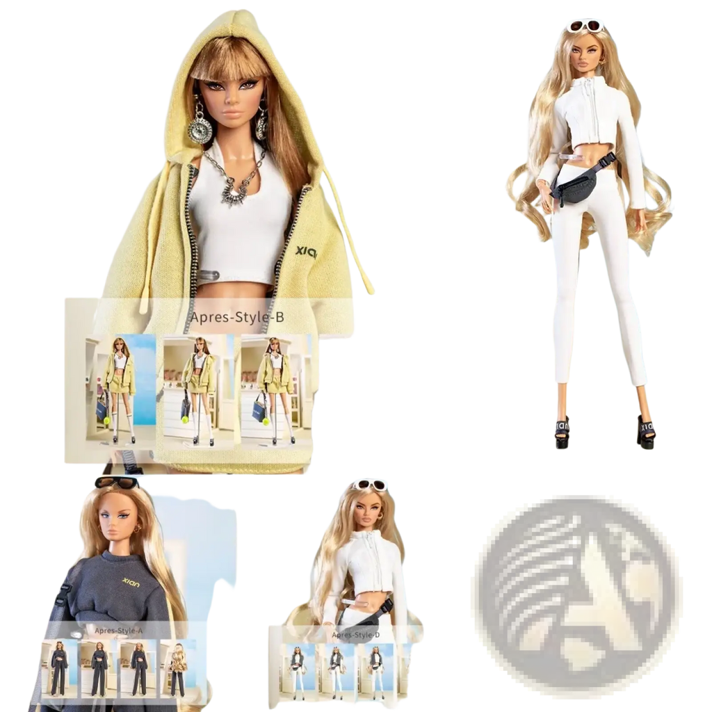 Yellow hooded zip-up jacket with xia branding on chest for 30cm doll sportswear outfit set