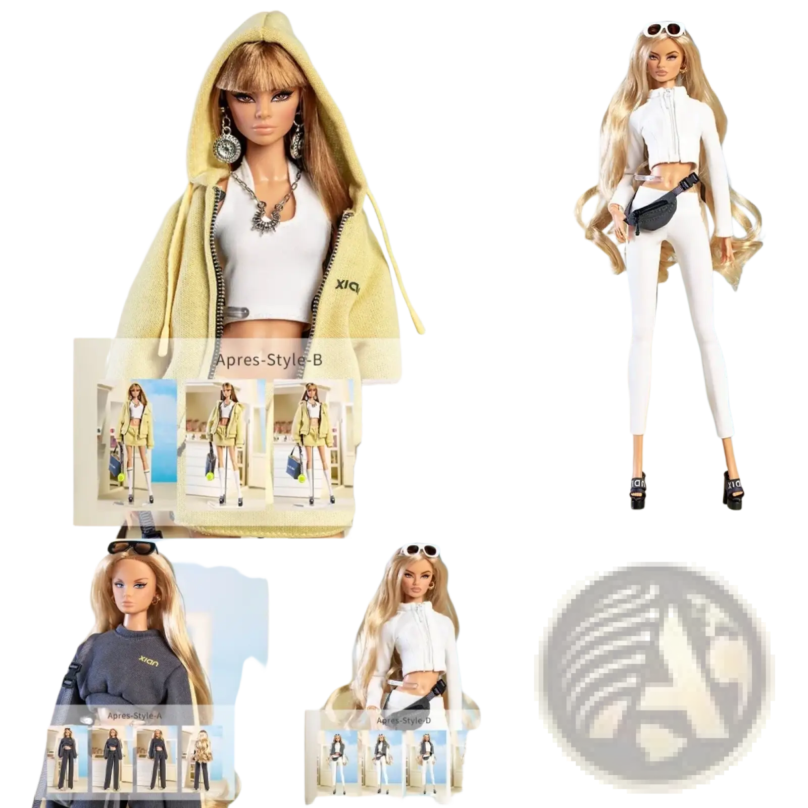 Yellow hooded zip-up jacket with xia branding on chest for 30cm doll sportswear outfit set