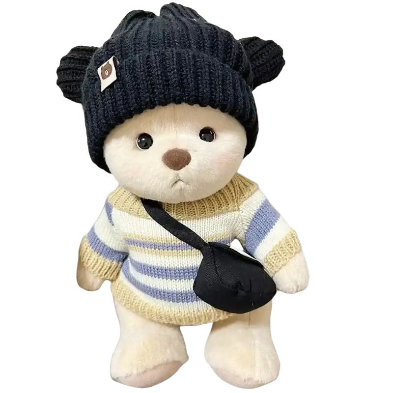 30cm nude bear plush wearing a navy beanie and striped knit sweater with manual measurement and customer service support