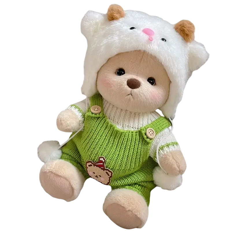 30cm nude bear plush wearing fluffy white hat with brown ears green knitted overalls featuring wooden buttons and patch