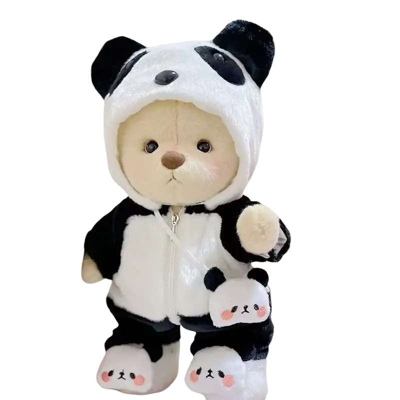 Adorable 30cm nude bear plush dressed in black and white panda hooded onesie with matching footies for manual measurement