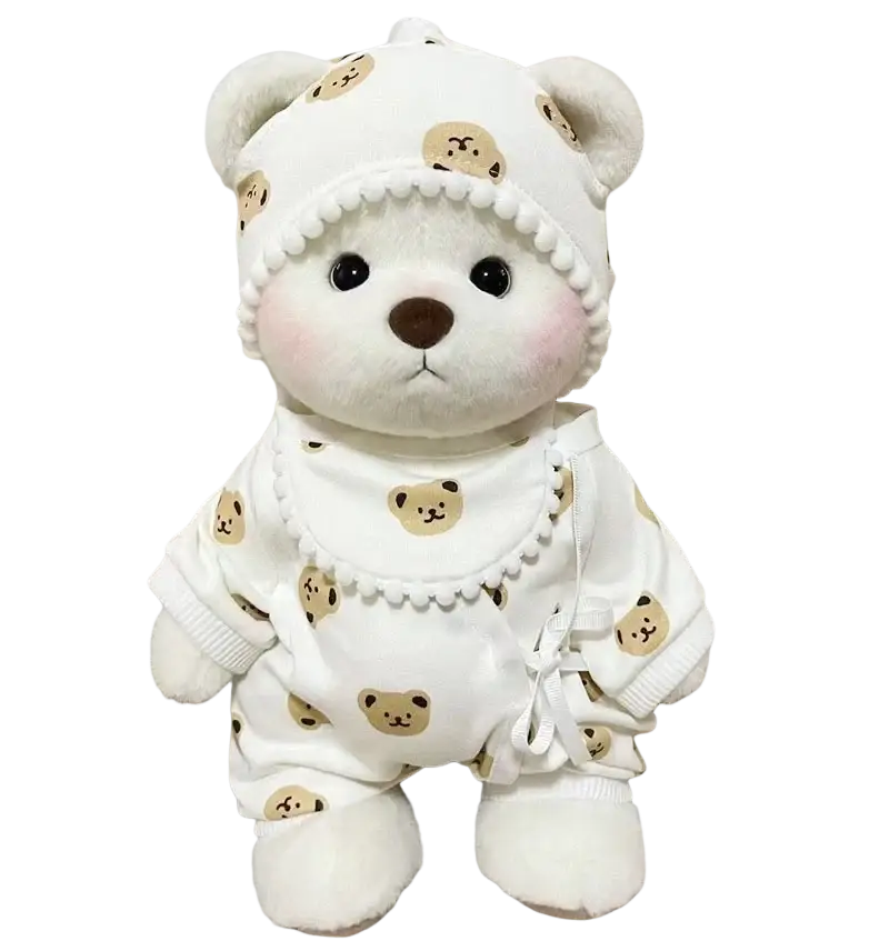 Adorable 30cm nude bear plush in cream soft doll clothes set with tan bear face prints and manual measurement details
