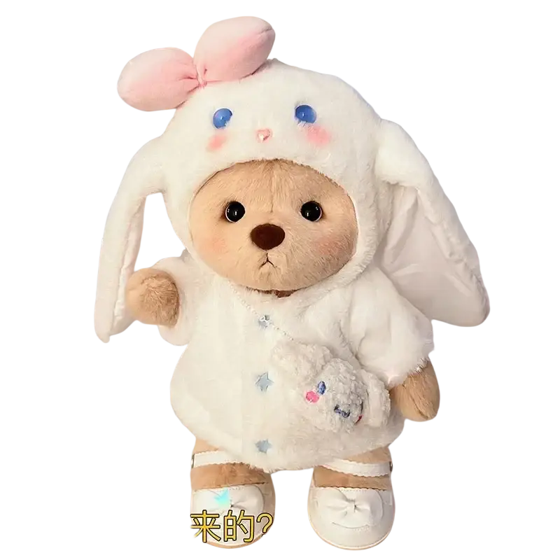 30cm nude bear plush dressed in fluffy bunny hoodie with pink bow blue eyes and rosy cheeks manual measurement available