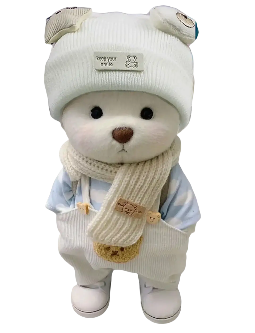 30cm nude bear plush doll with white knit hat scarf and embroidered doll clothes set manual measurement included