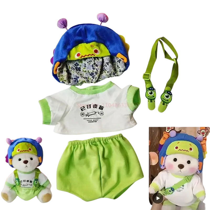 30cm nude bear outfit set with blue green plush monster theme, floral lining, white shirt with chinese characters, lime shorts with straps, manual measurement available, excellent customer service