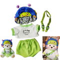 30cm nude bear plush monster baby outfit set with floral lining, white shirt with chinese text, lime green shorts, and straps