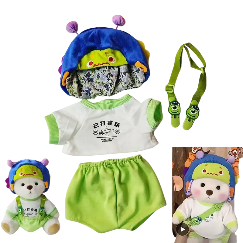 30cm nude bear plush monster baby outfit set with floral lining, white shirt with chinese text, lime green shorts, and straps