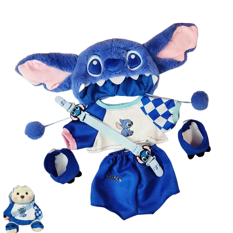 30cm nude bear plush with a blue stitch-themed baby outfit set including hooded shirt and checkered shorts for customer service inquiries