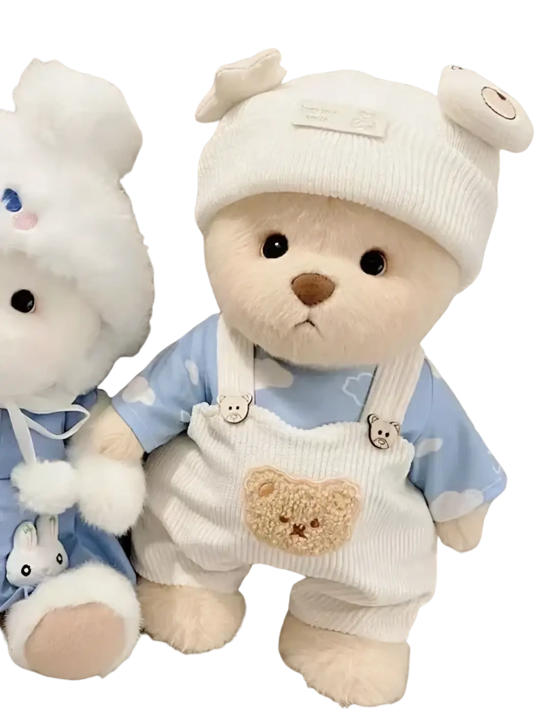30cm nude bear wearing cream plush, white ribbed knit hat with smiley faces, and light blue corduroy doll clothes