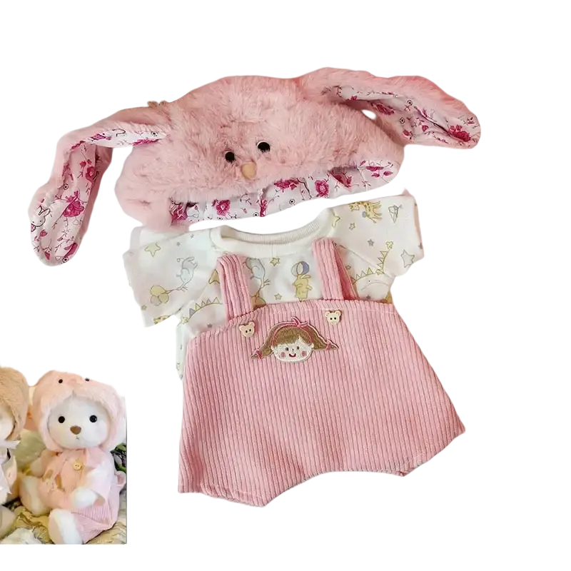 30cm nude bear with pink corduroy overalls embroidered girl face, floral bunny hat, and white cartoon shirt, manual measurement