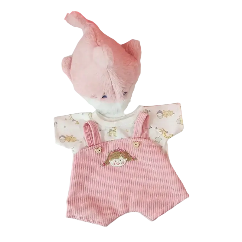 Pink corduroy overalls with embroidered girl face and white animal print shirt for 30cm nude bear manual measurement available customer service