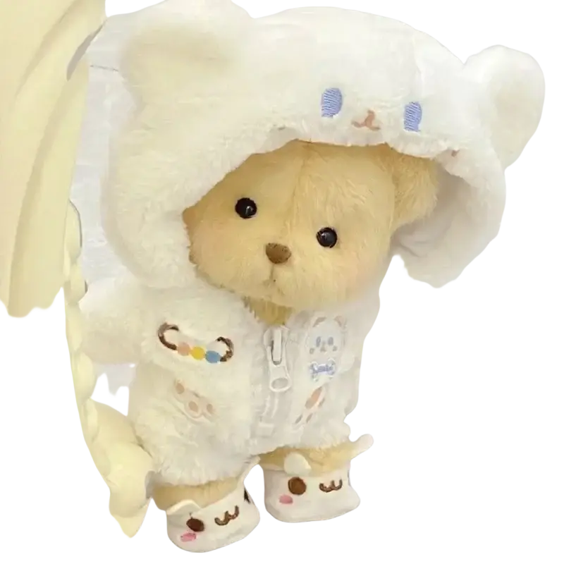 A plush 30cm nude bear wearing a fluffy white hooded outfit with embroidered details and matching booties for customer service