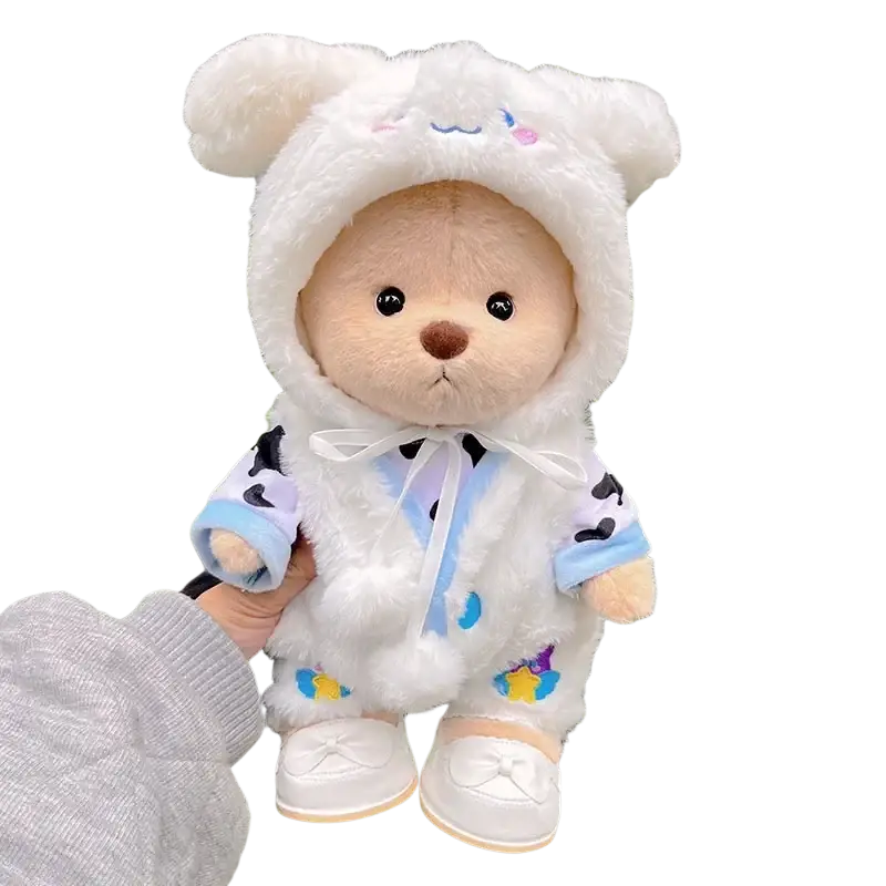 30cm nude bear plush doll wearing fluffy white hooded outfit with black blue accents and matching bow doll clothes