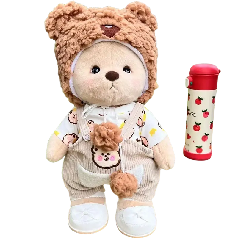 A 30cm nude bear plush wearing fluffy brown hooded hat beige corduroy doll clothes with embroidered bear faces