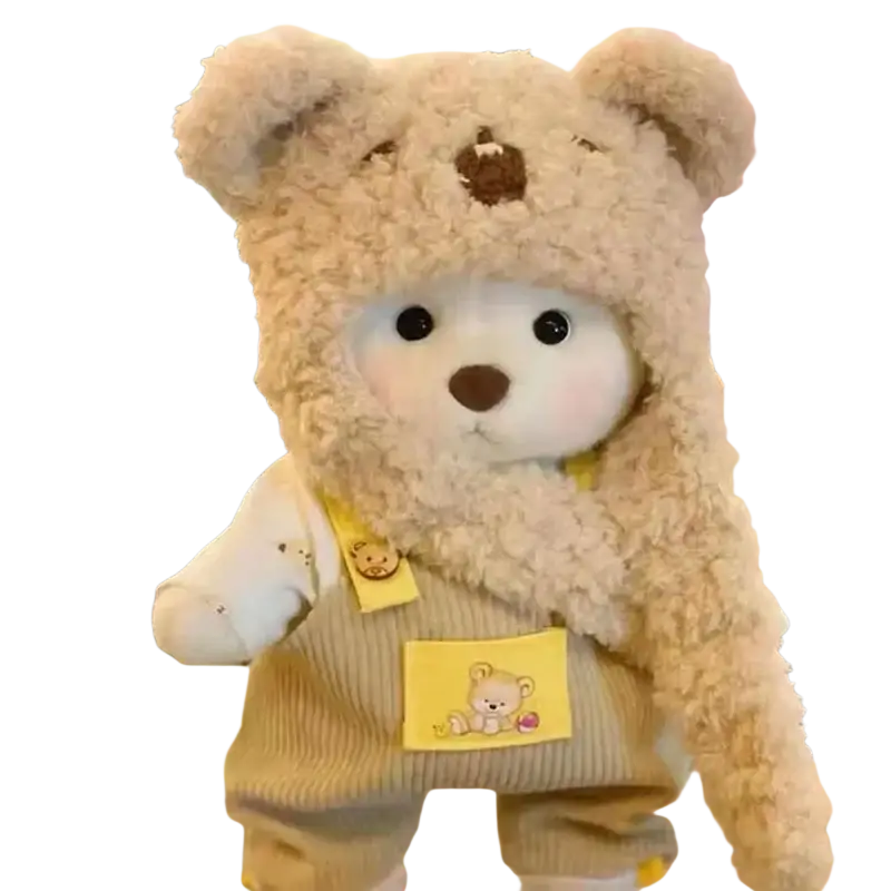 A 30cm nude bear plush wearing a fluffy beige hooded outfit and yellow corduroy overalls with bear patches, ideal for manual measurement and customer service inquiries