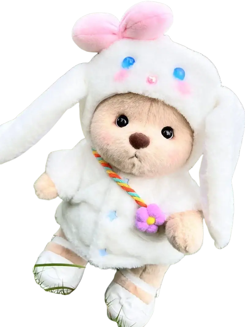 A 30cm nude bear plush dressed in a white bunny outfit with pink ears and matching shoes for customer service