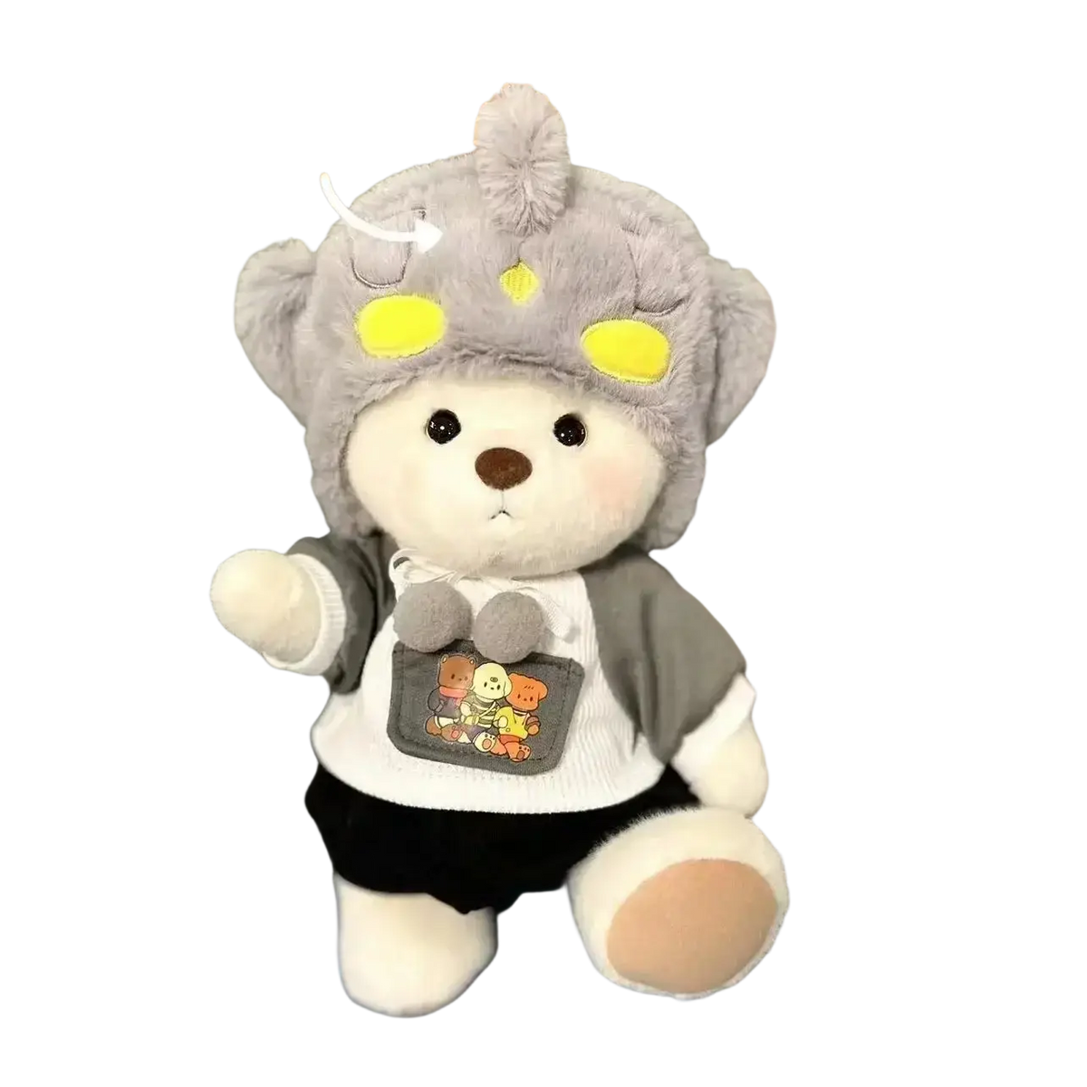30cm nude bear plush wearing a gray fuzzy helmet with yellow accents and doll clothes including a white sweater and black shorts