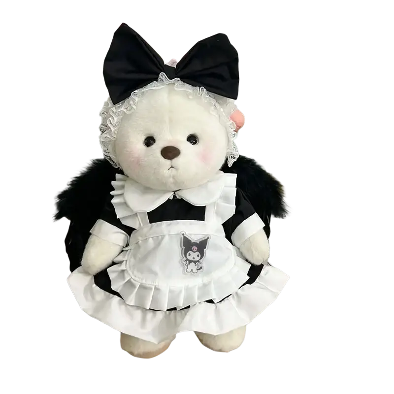 A 30cm nude bear plush dressed in black and white lace maid doll clothes with manual measurement details visible