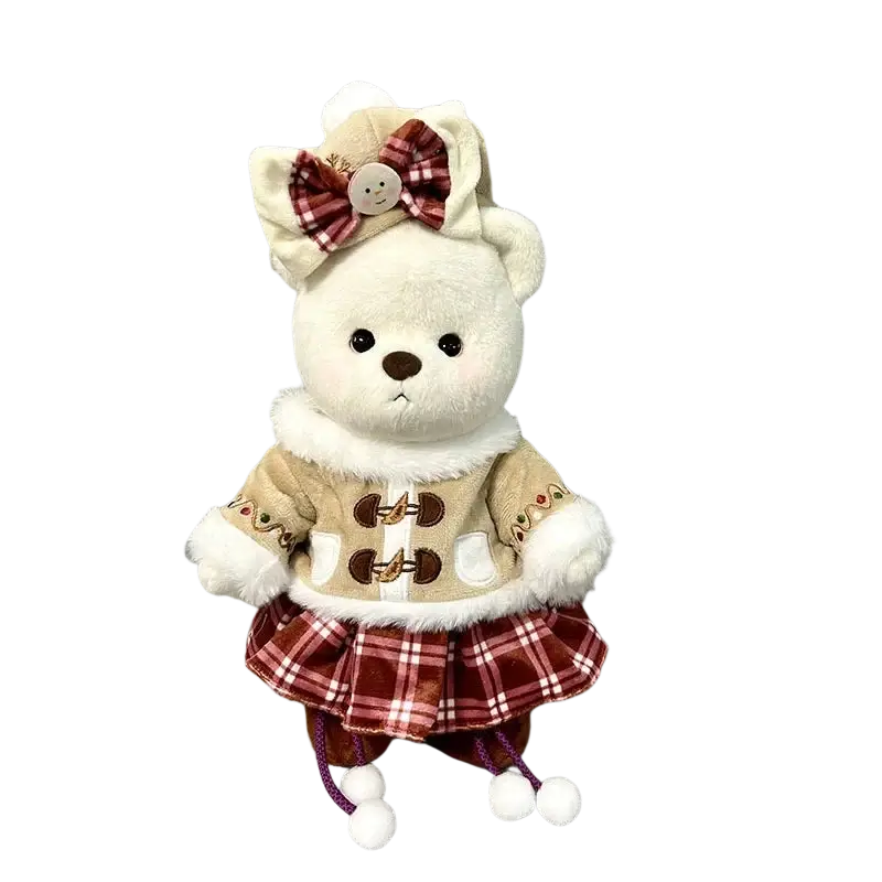 A 30cm nude bear plush wearing a beige coat with brown toggles and a red plaid skirt for manual measurement