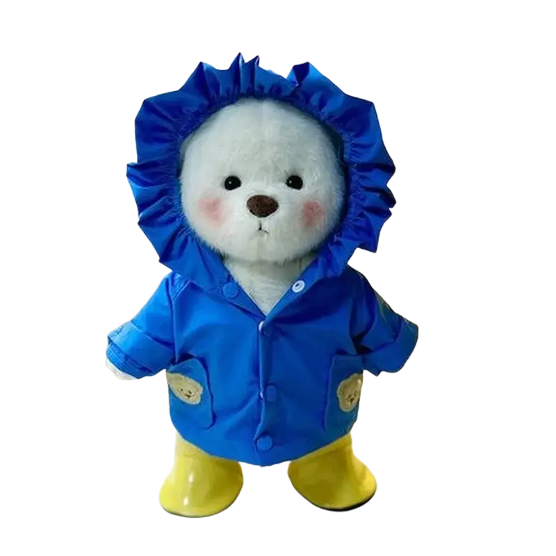 A 30cm nude bear plush doll wearing a vibrant blue raincoat with ruffled hood and yellow boots for doll clothes sets