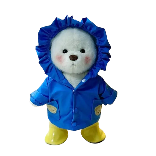 A 30cm nude bear plush doll wearing a vibrant blue raincoat with ruffled hood and yellow boots for doll clothes sets